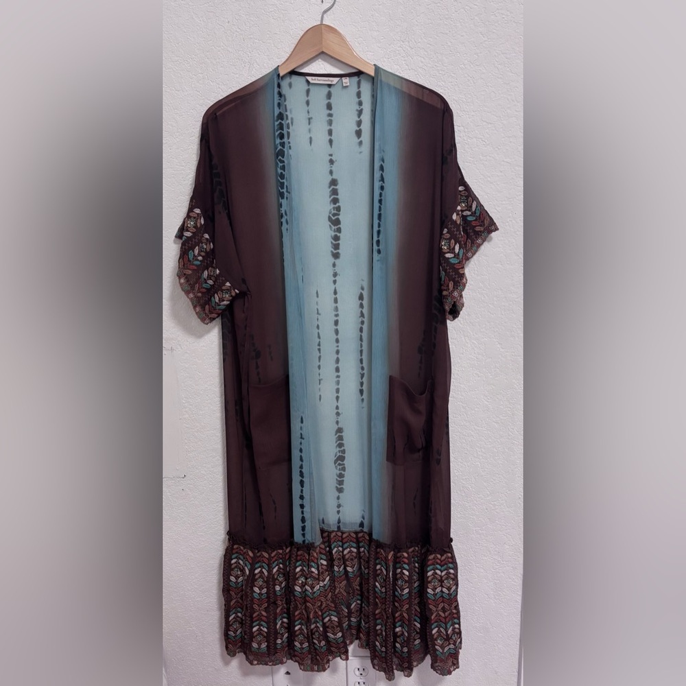 Soft surroundings tie dye embroidered duster length open front kimono